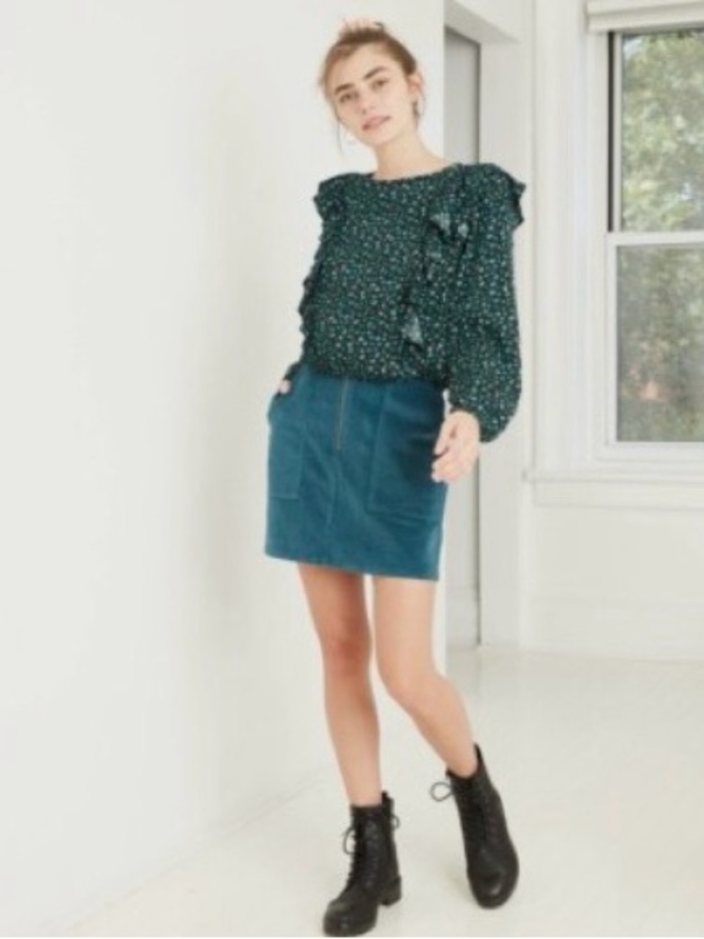 wild fable Dark Green Floral Ruffle Blouse AND mini skirt